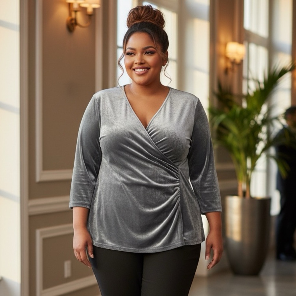 Soft Surroundings Gray Velvet Draped Ruched Front Top Women’s 3X - Picture 3 of 13